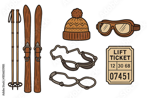 Ski equipment and accessories arranged on a white background with selected items for snow sports in winter season