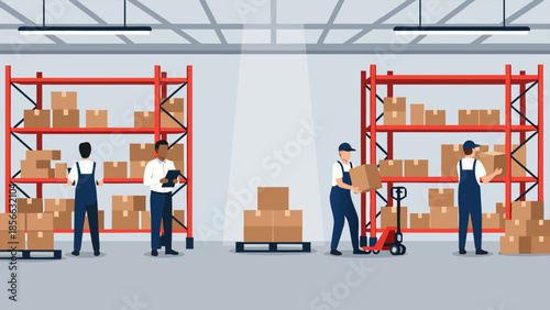 Workers loading boxes onto shelves in a warehouse, logistic and shipping industry illustration