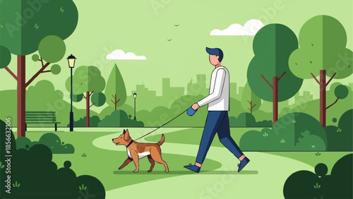 Man walking his dog on a leash in a park.