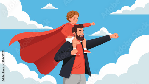 A father and son dressed as superheroes, symbolizing protection and the bond between them, against a backdrop of clouds and sky