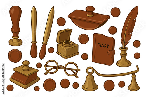 Collection of vintage writing tools and items arranged on a white background for artistic display in a creative setting