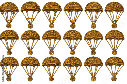 Artwork of parachute designs arranged in a grid showing different styles and patterns, created for a project or display purpose