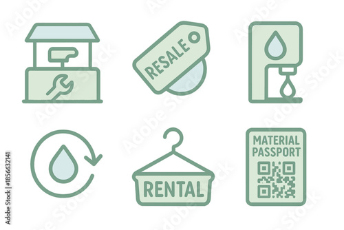 Icons showing tools, tags, and symbols related to resale, rental, and material information for water usage and sustainability