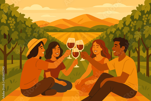 Friends gather in vineyard to share wine and laughter during sunset in warm colors