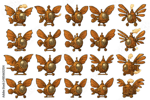 Variety of flying machines with wings designed in a steampunk style displayed against a plain background