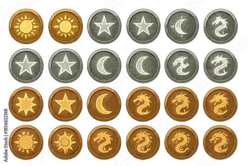 Game tokens showing various designs including sun, star, moon, and dragon displayed in a grid pattern on a flat surface