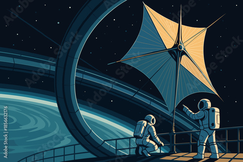 Space explorers set up a solar sail near a ringed planet in deep space during a quiet moment