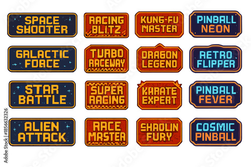 Collection of video game titles displayed in a colorful graphic format featuring various arcade themes and styles
