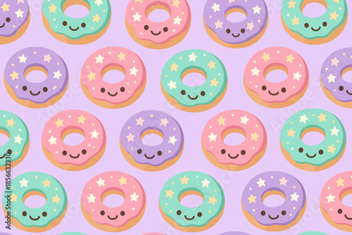 Cute donuts with smiling faces and colorful icing on a pastel background displayed in a repeating pattern