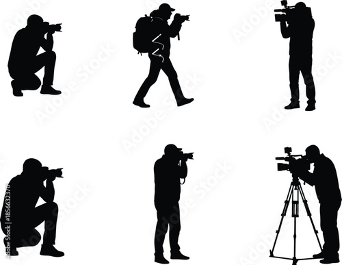Black photographer and videographer silhouettes set, cameraman with tripod and backpack vector, media professional icons for film and photography design,