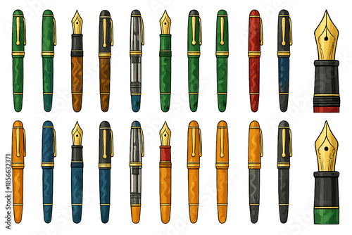 Collection of pens arranged in a row on a blank background showcasing different styles and colors