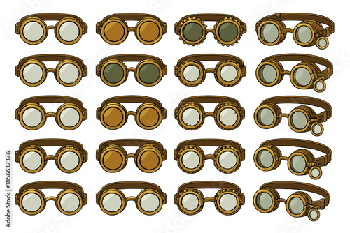 Different types of goggles displayed on a white background for various uses and styles in a collection
