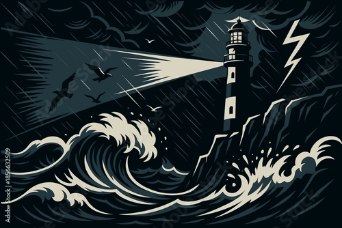 Stormy waves crash against a lighthouse while seagulls fly in dark skies at night