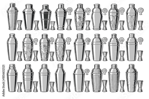Different types of cocktail shakers and jiggers arranged in a neat pattern on a plain background