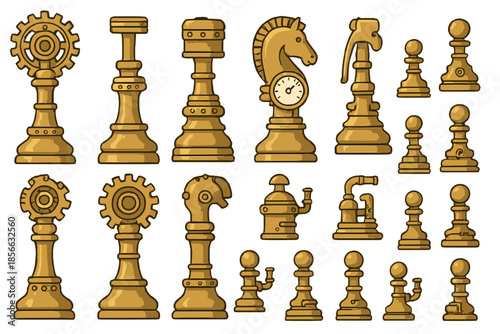 Creative chess pieces designed with a steampunk style showcasing various shapes and details in an engaging display on a plain background