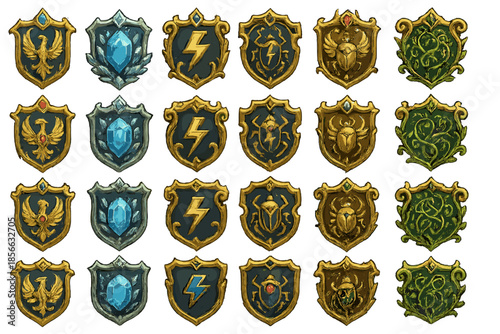 Different types of shields with unique designs displayed in a grid format on a plain background