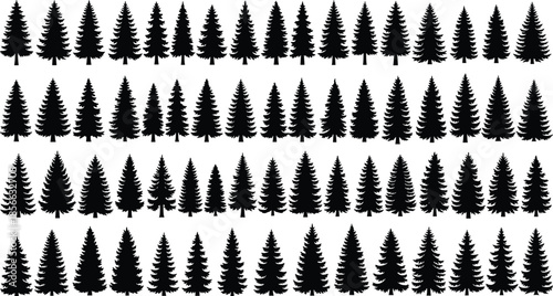 Black pine tree silhouettes set, diverse spruce and fir forest vector collection, isolated evergreen trees for nature and winter design,