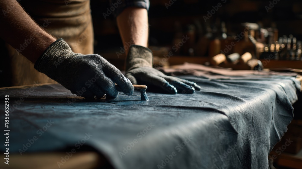 Obraz premium Medium shot of artisan applying bluegray tinted chromium salts on leather highlighting smooth texture and fast chrome tanning process in workshop.