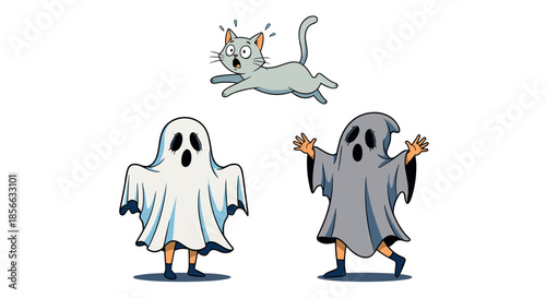 Scared grey cat jumping away from two children dressed as ghosts in white and grey sheets for a fun Halloween party and celebration.