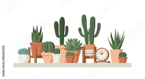 Collection of various cacti and succulents in ceramic pots on a wooden shelf with a clock for minimalist interior home decoration.
