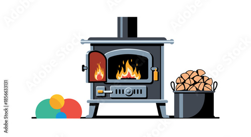 Modern black cast iron wood burning stove with a basket of firewood and colorful decorative spheres on a clean white background.