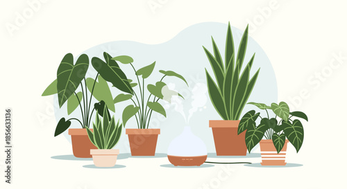 Stylish humidifier misting water vapor to maintain humidity for indoor tropical houseplant collection in ceramic terracotta pots.