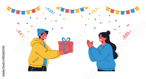 Young man giving a wrapped gift box to a happy woman at a celebration party with festive flags and colorful confetti for happiness.