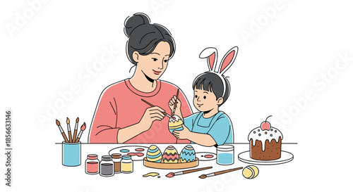 Happy mother and young son wearing bunny ears painting colorful patterns on Easter eggs together at a table with festive treats.