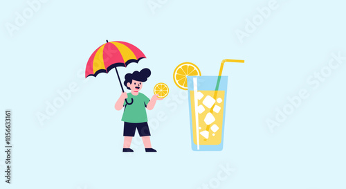 Young boy holding a colorful umbrella and an orange slice next to a giant glass of refreshing iced lemonade with a straw.