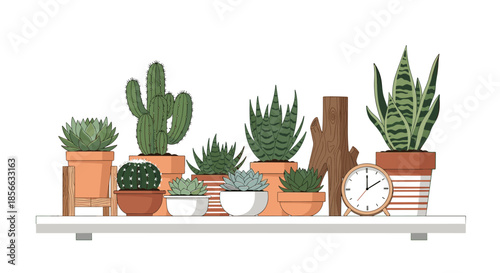 Beautiful variety of green succulents and cacti in ceramic pots arranged on a shelf next to a wooden clock and a decorative stump.