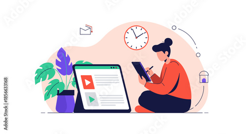 Young woman sitting cross-legged on the floor working or drawing on a digital tablet with a stylus in a modern home office space.