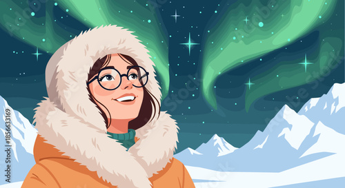 Happy young woman with glasses wearing a warm fur-trimmed parka looking up at the beautiful green Aurora Borealis in the night sky.