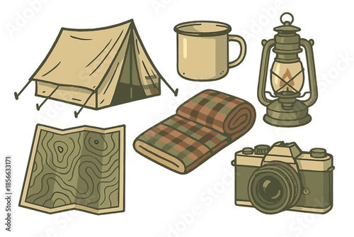 Camping gear and essentials for outdoor adventure in nature