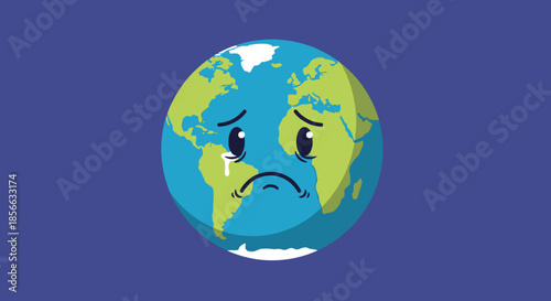 Sad Earth planet character crying a single tear with a worried expression to represent climate change and environmental issues.