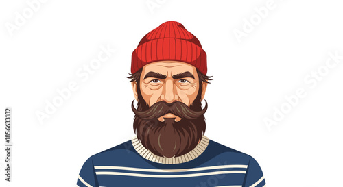 Close-up portrait of a rugged man with a thick brown beard and mustache wearing a red knitted beanie and nautical striped sweater.