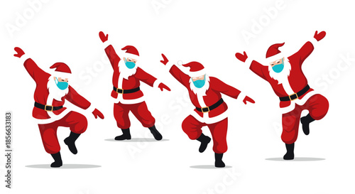 Collection of four Santa Claus characters in various dancing poses wearing blue surgical face masks for a pandemic-themed Christmas.