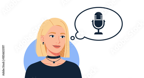 Stylish young blonde woman with a choker looking thoughtful with a microphone icon in a speech bubble indicating podcasting or speaking.