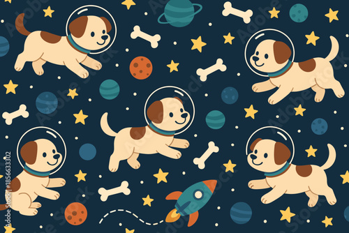 Dogs in space with planets, stars and rockets on a dark background