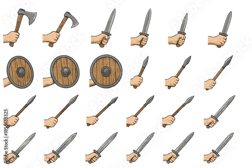 Collection of hand-drawn weapons showing axes, swords, and shields for use in illustrations or games
