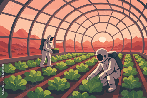 Gardening inside a greenhouse on another planet at sunset with astronauts working on crops