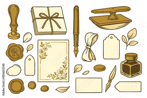 Collection of stationery items including stamps, paper, and ink displayed on a white background
