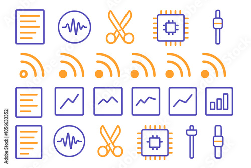 Icons showing different concepts related to technology, data, and communication in a grid layout