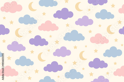Colorful clouds and moons decorate a light background with stars creating a playful pattern perfect for children's rooms