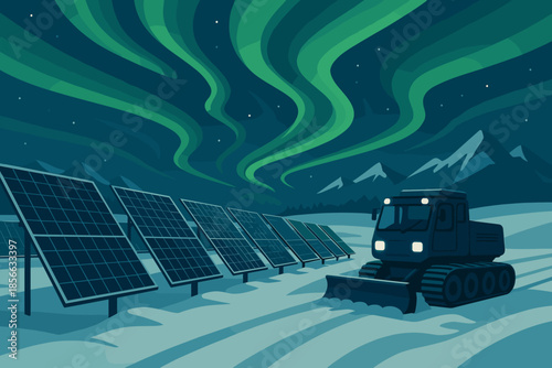 Machine works among solar panels under northern lights in winter landscape with mountains