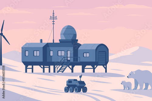 Exploration station on icy landscape with polar bears and research robot during sunset
