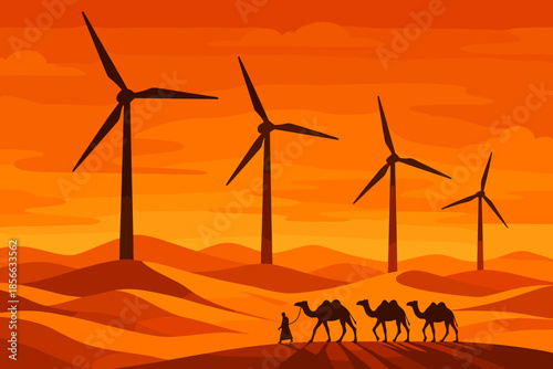 Sunset in the desert with wind turbines and camels walking along a sandy path