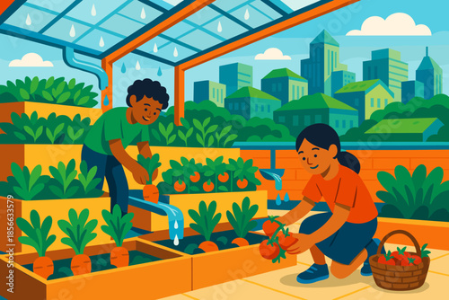 Children work together in a garden to plant vegetables and harvest crops on a sunny day in an urban greenhouse