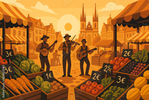 Musicians play instruments in market square during sunset with stalls of fruits and vegetables