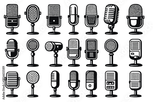 Different types of microphones arranged in several rows with various designs and styles