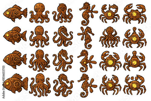 Sea creatures and designs in various shapes arranged in a grid pattern showcasing marine life representations